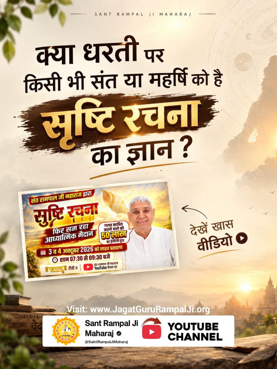 Naresh4Kori's tweet photo. #OpenChallengeBy_SantRampalJi

ब्रह्मा जी के पिता कौन हैं?
यदि ब्रह्मा जी सृष्टि के रचयिता नहीं हैं, तो फिर वास्तविक पिता/उत्पत्ति कर्ता कौन है?
देखें खास वीडियो "शास्त्रार्थ का शंखनाद" Sant Rampal Ji Maharaj YouTube Channel पर।
🚩
शास्त्रार्थ का शंखनाद https://t.co/7qtSUs4CVv