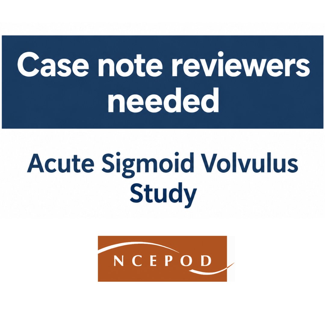 asgbi's tweet photo. Case note reviewers needed - Acute Sigmoid Volvulus Study

NCEPOD is recruiting senior clinicians in current clinical practice to review the care of patients with acute sigmoid volvulus, from initial presentation through to discharge. The findings will inform a national report and recommendations to improve care.

Reviewers will attend training on 8th October or 19th November in London.  They will then join at least 4 case review meetings, online or in person, over approx 6 months. Travel expenses will be reimbursed.

Applications are welcome from a wide range of specialties, including surgery, acute and emergency medicine, anaesthesia, gastroenterology, critical care, radiology, geriatrics and nursing.

Apply by 30 September 2026 by emailing a short CV to asv@ncepod.org.uk.

Study details and protocol: https://t.co/iHsi0v1WRh