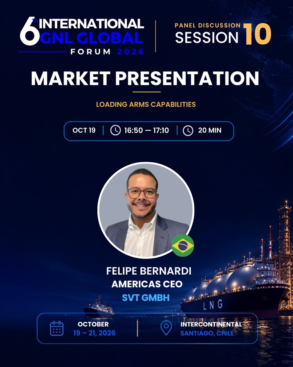 gnlglobal's tweet photo. ⚙️🚢 SESSION 10 | LOADING ARMS CAPABILITIES

A technical presentation on safe and reliable LNG transfer operations.

🎙️ Felipe Bernardi | SVT GmbH

📅 Oct. 19 | 4:50 PM
📍 Santiago, Chile

#GNLGlobal #LNG https://t.co/IQiC6XBmdK