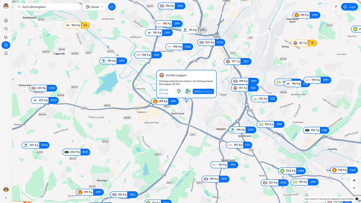 FuelFalcon_io's tweet photo. Price alert at 3:42pm Sep 26, Diesel, Birmingham

Most expensive - Gulf on Holloway Head - 205.9p/L (5847 of 6113 in England)
Cheapest - Gulf on Alum Rock Road - 181.7p/L (15 of 6113 in England) https://t.co/X8GTMmOLnI