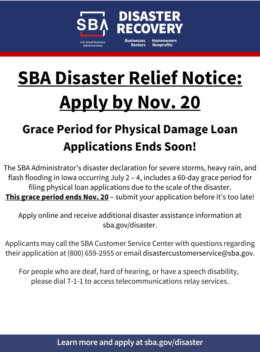 SBAgreatplains's tweet photo. ⏳ Time is running out! The physical damage loan application grace period for Iowa storm recovery closes on Nov. 20. Don't wait—submit your application today! https://t.co/LTZvBACRyF