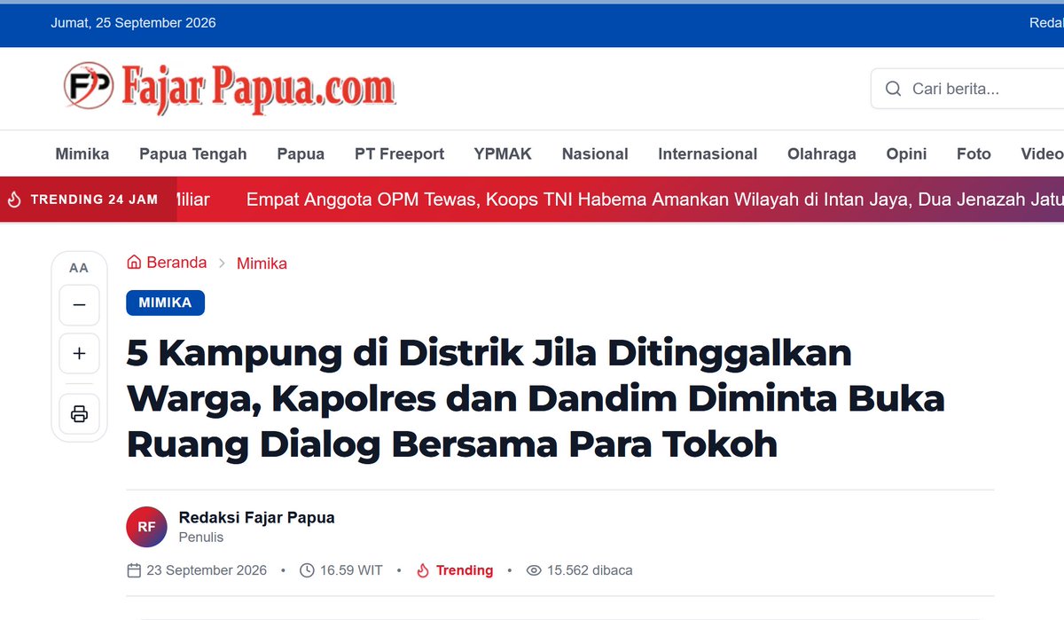ArnoldBelau's tweet photo. Lima kampung di Distrik Jila, Kabupaten Mimika, Papua Tengah, disebut ditinggalkan warga akibat situasi keamanan yang semakin mengkhawatirkan. Kondisi tersebut membuat aktivitas masyarakat, pemerintahan kampung, pendidikan, hingga kegiatan berkebun terhenti.

Tokoh masyarakat Jila sekaligus mantan anggota DPRD Mimika, Yohanis Kibak, meminta Kapolres Mimika dan Dandim 1710/Mimika membuka ruang dialog bersama tokoh adat, tokoh masyarakat dan keluarga untuk mencari jalan keluar atas persoalan keamanan, termasuk upaya penyelamatan sejumlah siswi yang masih disandera.

Menurut Yohanis, pendekatan persuasif perlu dikedepankan dengan tetap memperhatikan keselamatan warga sipil dan para korban yang berada dalam situasi tersebut.

“Masyarakat panik dan tidak bisa beraktivitas. Gereja kosong, pemerintahan kampung lumpuh, dan warga tidak berani berkebun. Kami meminta TNI menahan diri dan menarik pos-pos baru tersebut untuk dipusatkan kembali di ibu kota Distrik Jila,” tegas Yohanis, Rabu (23/9/2026).

Ia menyebut lima kampung yang mengalami pengosongan, yakni Relmakavia, Ambuagom, Bunarebukin, Kambu dan Diloa. Warga disebut meninggalkan kampung karena khawatir terhadap perkembangan situasi keamanan.