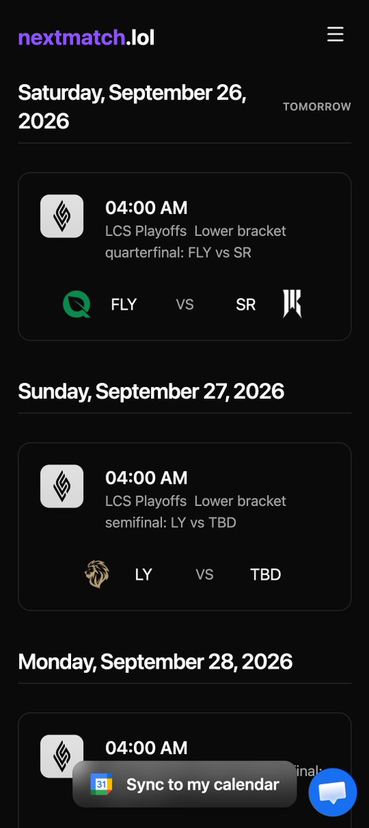 StriftCodes's tweet photo. @LCSOfficial You can sync the LCS teams matches to your Google Calendar with this app I built :) it handles time zones!

Enjoy the playoffs! https://t.co/8I1DMxMspK