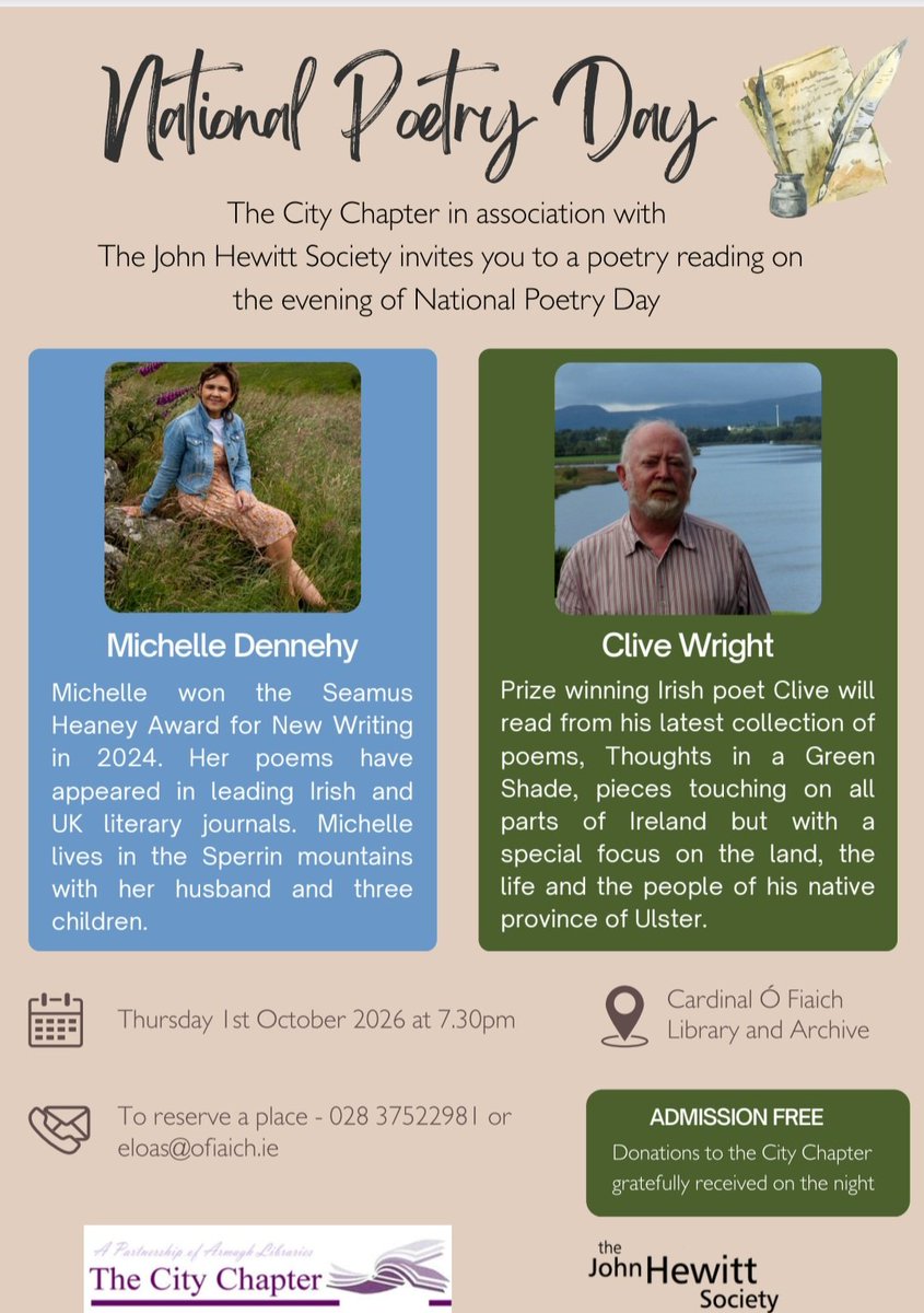 OFiaichLibrary's tweet photo. Join us this Tursday 1 October as the City Chapter celebrates #NationalPoetryDay with readings from Michelle Dehennyand Clive Wright. Free event.@visit_armagh  with @The_JHS https://t.co/5DnP6L3C4Z