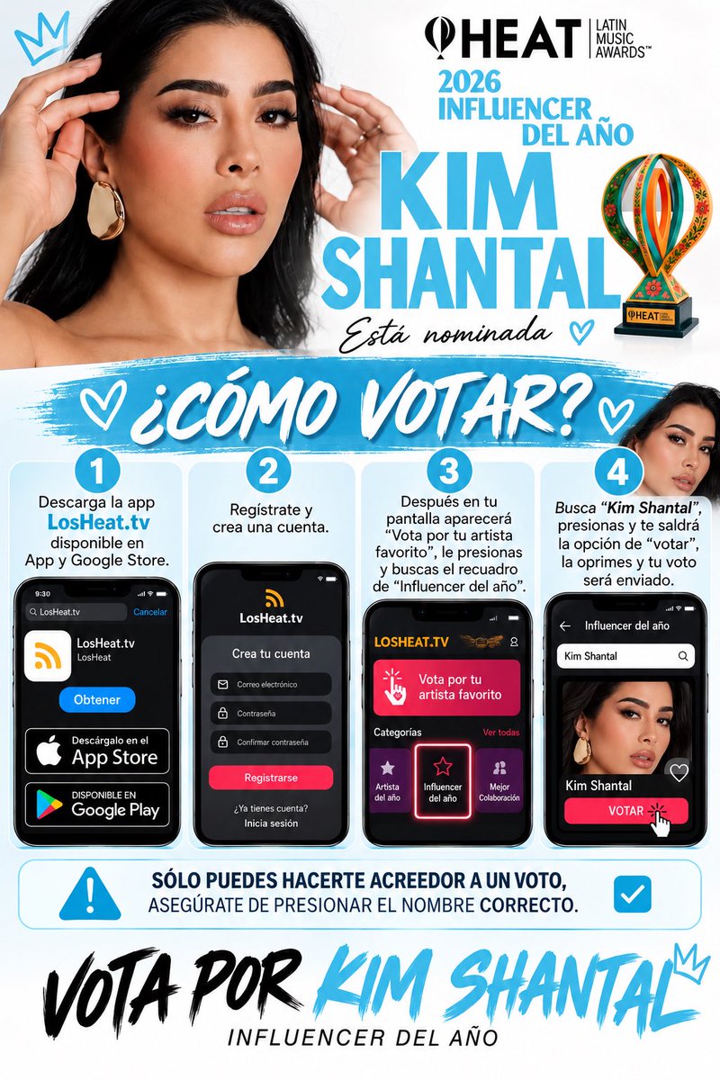 DomenicaTahi's tweet photo. 🏆🩵 ¡VAMOS POR ESE PREMIO PARA KIM! 🩵🏆

Kim Shantal está nominada como INFLUENCER DEL AÑO en los Premios HEAT 2026. ✨
¡Es momento de unirnos y demostrar todo nuestro apoyo! 🥹🫶🏻

📲 Sigue los pasos del flyer, busca KIM SHANTAL y asegúrate de seleccionar el nombre correcto antes de votar. ✅

⚠️ SOLO TIENES UN VOTO, HAZLO CONTAR.

🏆 ¡Ese premio tiene nombre y es KIM SHANTAL! 🩵

#KimShantal #PremiosHEAT #InfluencerDelAño #HEAT2026 #KimShantalEnLosHeat @kimshantalll