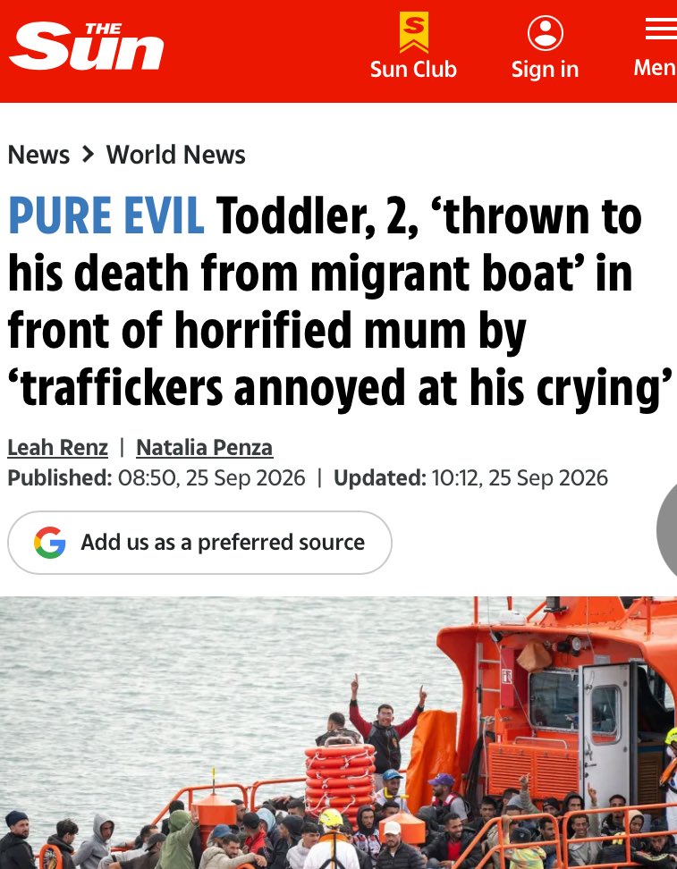 boudicasarmy's tweet photo. A TODDLER was allegedly thrown off a migrant boat to his death as human traffickers were annoyed by him crying.

The two-year-old boy was on the boat alongside his mum travelling across the Atlantic to Lanzarote when the tragedy took place, according to officials.

The horror follows reports of three men being arrested under allegations of gang-raping a woman on the same migrant boatback on September 16. 

Enrique Espinosa, the chief of Lanzarote’s Emergency Services Consortium, claimed the alleged sexual abuse was just one of many crimes reported on board.