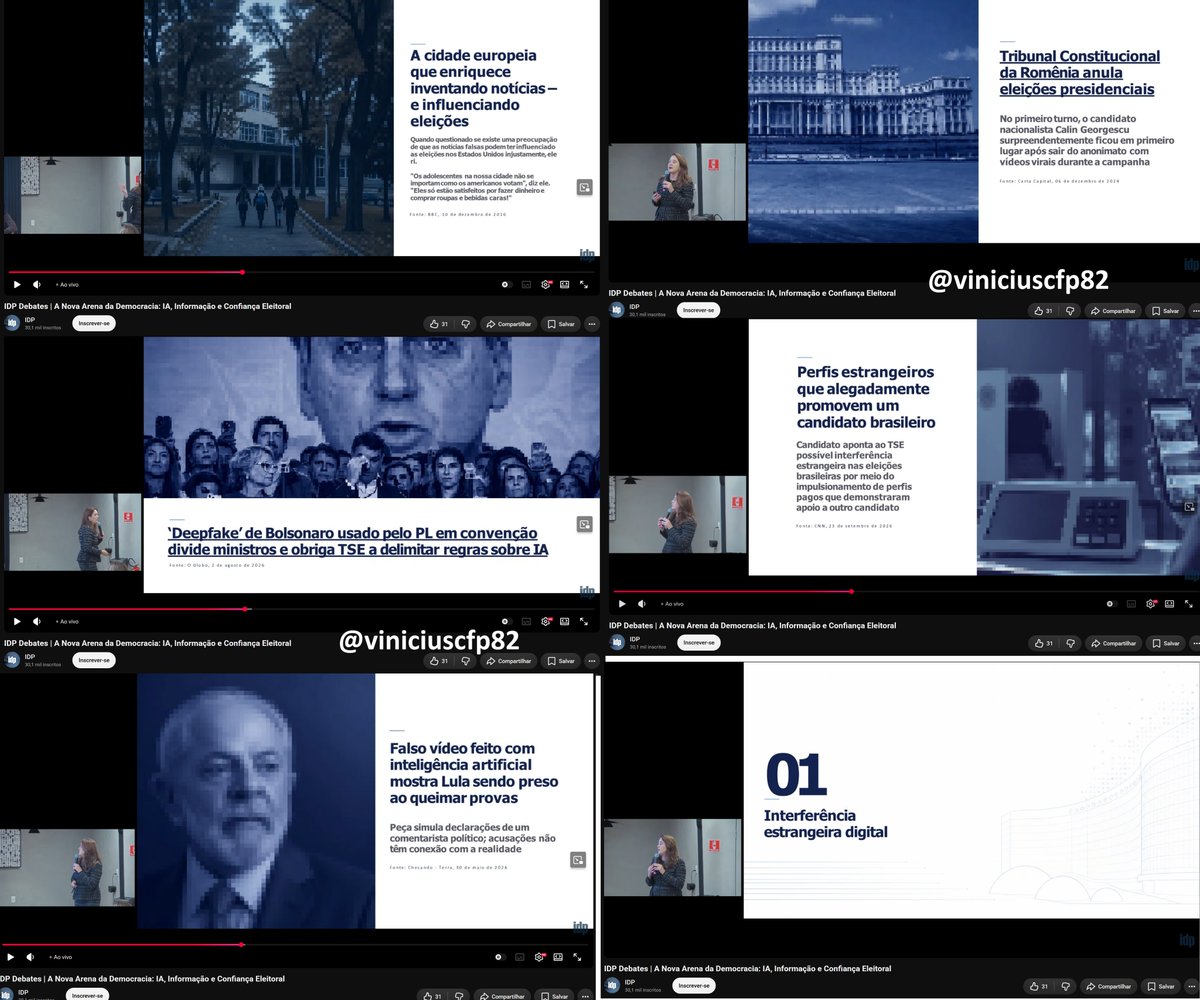 viniciuscfp82's tweet photo. Sobre a Live da filha do Gilmar Mendes no canal do IDP. Estes são os títulos de alguns dos slides e que me chamaram a atenção:

- A cidade europeia que enriquece inventando notícias e influenciando eleições
- 'Deepfake' de Bolsonaro usado pelo PL divide ministros e obriga TSE a delimitar regras sobre IA
- Falso vídeo feito com IA mostra Lula sendo preso ao queimar provas
- Tribunal Constitucional da Romênia anula eleições presidenciais
- Perfis estrangeiros que alegadamente promovem um candidato brasileiro
- Interferência estrangeira Digital