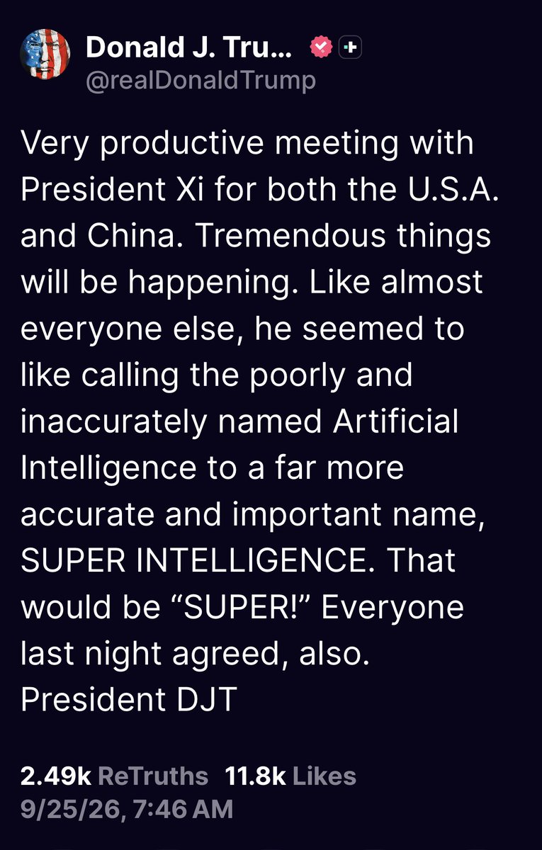 FmrRepMTG's tweet photo. This is how stupid Trump thinks you are. 

Changing the name Artificial Intelligence to “Super” Intelligence is not going to all of a sudden make people support data centers built where they live sucking up their water and making 24/7 noise. https://t.co/kttHC3jdwH