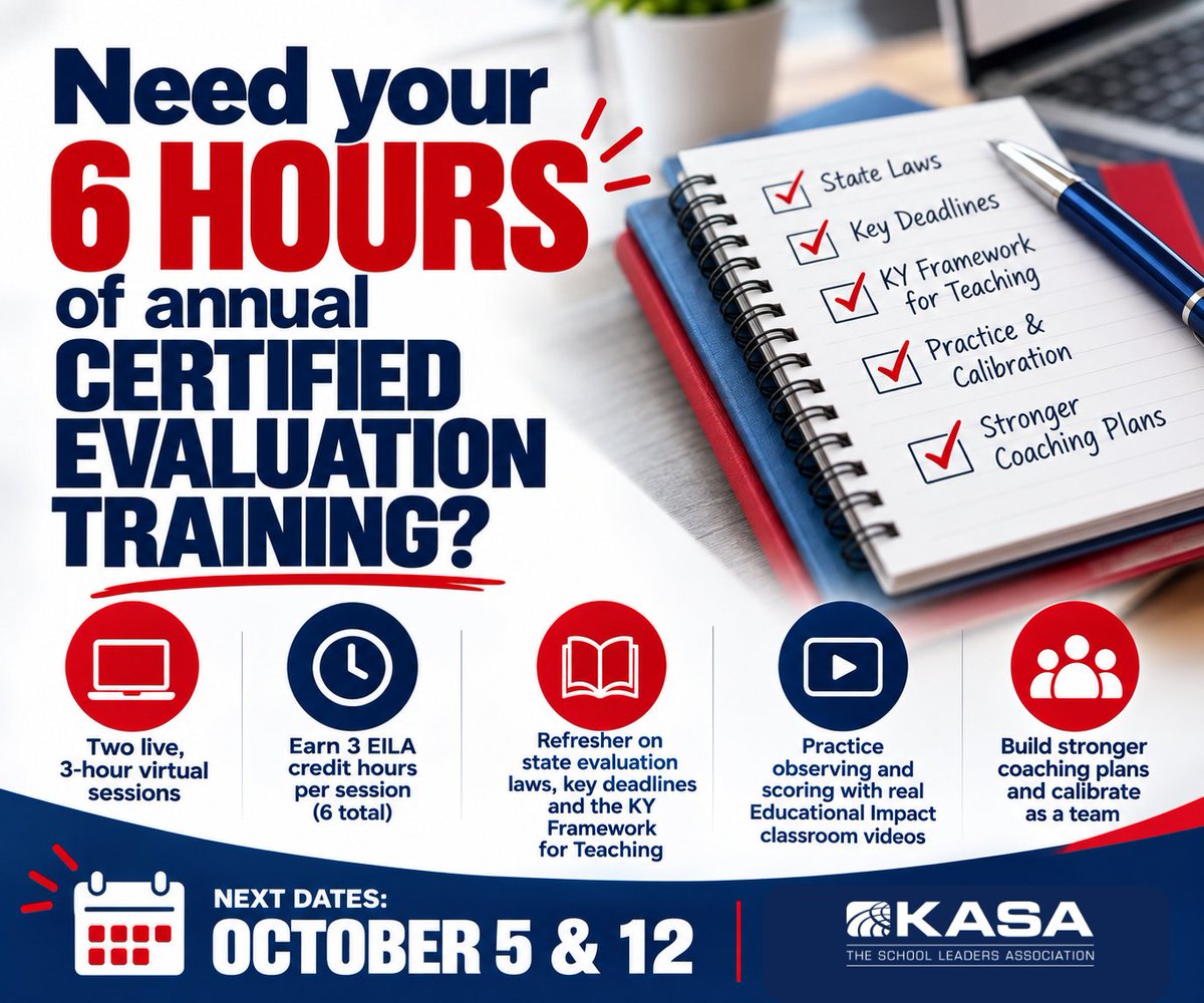 KASAEdLeader's tweet photo. Need your 6 hours of annual Certified Evaluation Training?
KASA's Certified Evaluation Update Training is built for busy school and district administrators who need a meaningful (not check-the-box) refresher.
https://t.co/QJlUSKXYfN #KASAEdLeader https://t.co/NM1ci0RDxg