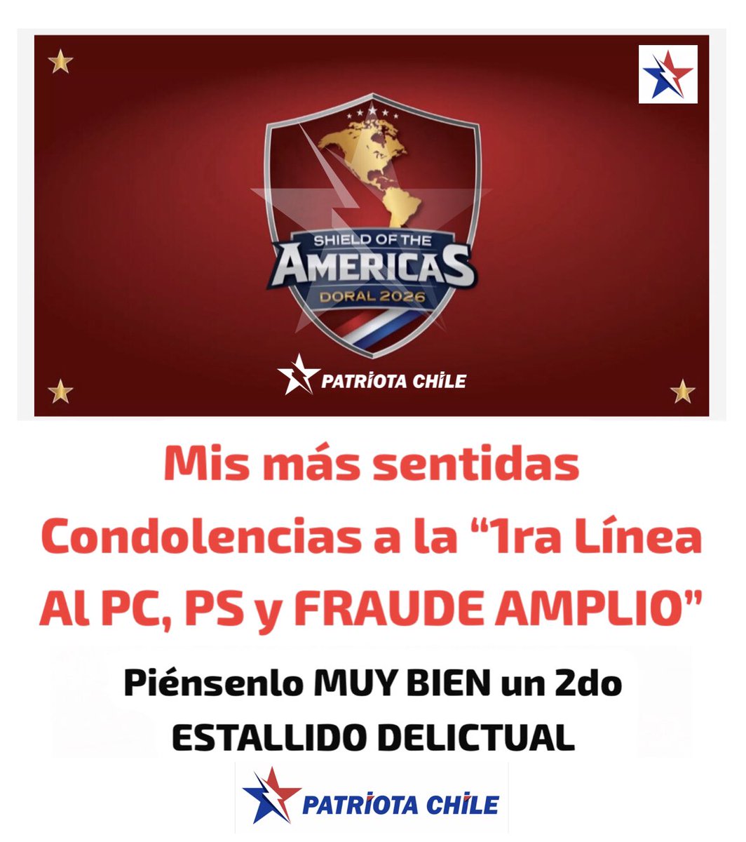 Soubirous_33's tweet photo. 🔴 AHORA | Patriotas, El “Escudo de Las Americas”, es para combatir con Mano DURA La Maldad de La Extrema Izquierda en todas sus formas. Así que si piensa el PC Organizar un 2do 18/O con esta Alianza No tienen NINGUNA POSIBILIDAD. RT #EscudoDeLasAméricas @PCdeChile https://t.co/FOvCXgk5fm