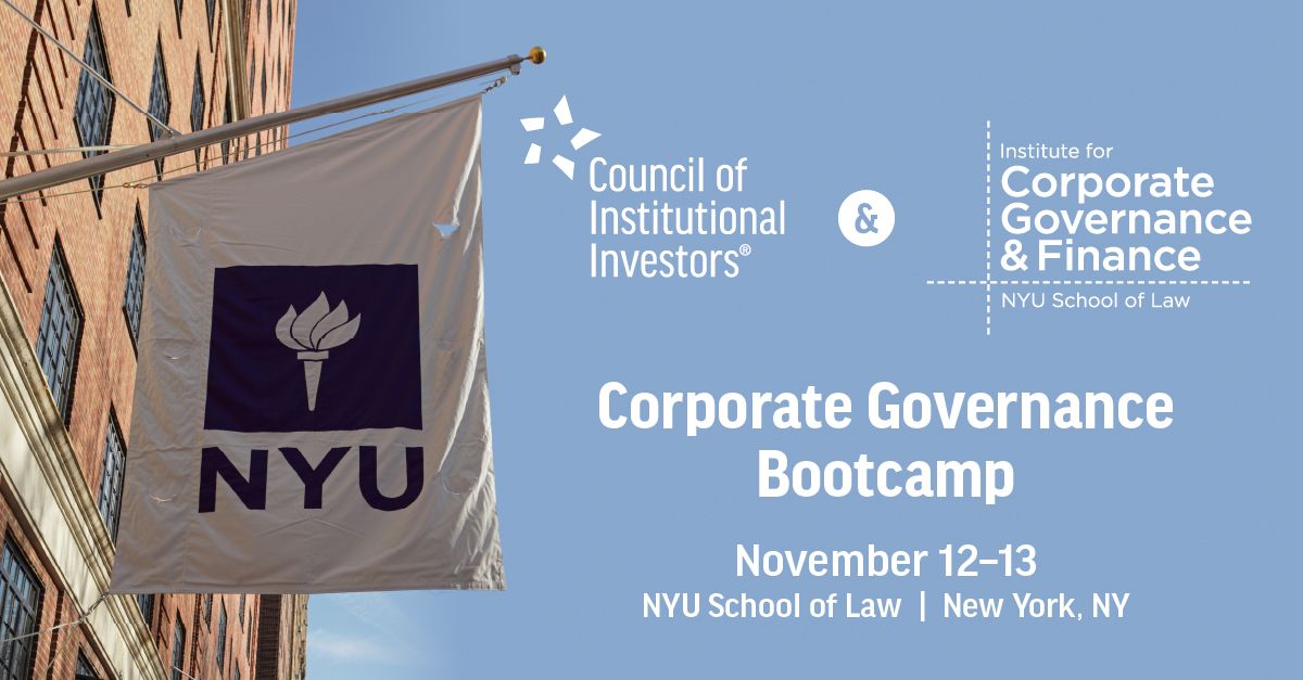 CouncilInstInv's tweet photo. ❗Only a few days remain before the early bird rate offer ends. Register today: https://t.co/SRRblUsY07

Corporate Governance Bootcamp is a premium professional education program developed in partnership with @nyulaw’s Institute for Corporate Governance &amp; Finance. https://t.co/KfQ6UKJi86