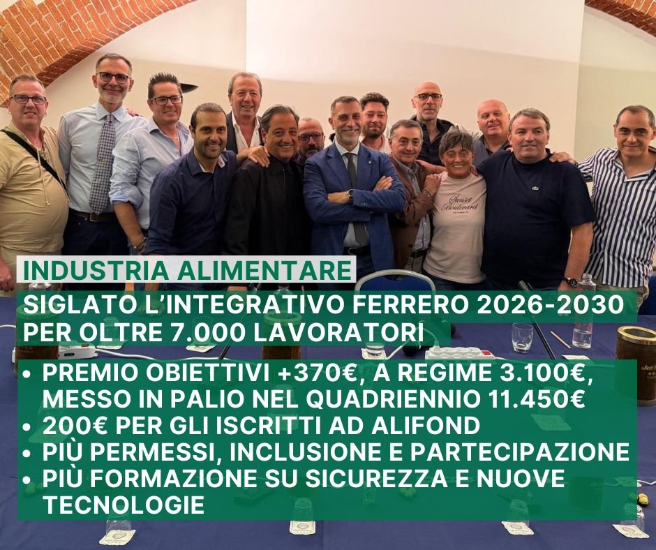 fai_cisl's tweet photo. ‼️ Ferrero: sottoscritto l'integrativo 2026-2030 per oltre 7.000 lavoratori
👇
È stato sottoscritto dalle strutture nazionali di Fai Cisl, Flai Cgil e Uila Uil, unitamente al Coordinamento nazionale RSU e RSA, il rinnovo del contratto integrativo del Gruppo Ferrero per il quadriennio 2026-2030. L'intesa, che interessa oltre 7.000 lavoratrici e lavoratori, conferma la solida tradizione di relazioni sindacali positive e di alta qualità che contraddistingue il Gruppo, e presenta novità di grande valore sia sul piano economico che normativo.
💰 Premio Legato agli Obiettivi: 370€ di aumento a regime all’ultimo anno di vigenza dell’integrativo che porterà il valore finale a 3.100€, con un messo in palio nel quadriennio di 11.450€. 
💰 Introdotti buoni pasto di 4€ per i dipendenti sprovvisti di mensa. 
💰 Riconosciuti 200 euro per il quadriennio a favore degli iscritti ad Alifond o che si iscriveranno al fondo di settore.
➡️ Grande impulso al tema della professionalità che, nel prossimo biennio, coinvolgerà oltre 2.000 lavoratori destinatari di importanti riconoscimenti economici. 
➡️ Garantite 10 ore minime annue di formazione professionale.
➡️ Tra i miglioramenti su permessi e tutele, approvati ulteriori permessi per malattia dei figli, per visite mediche per dipendenti, borsa di studio per gli studi universitari. Per i lavoratori con disabilità, copertura aggiuntiva del trattamento economico pari al 50% della retribuzione per il periodo di comporto aggiuntivo di 90 giorni.
💪 L'accordo consolida le relazioni sindacali nel Gruppo Ferrero, incrementando le riunioni delle commissioni e i confronti annuali. La Commissione "Persone in Ferrero" si chiamerà “People, inclusion and respect” e promuoverà iniziative orientate a inclusione, equità, pari opportunità, valorizzazione delle differenze.
💪 Rafforzato il diritto di informazione e consultazione con il Coordinamento sindacale e le rappresentanze dei lavoratori, esteso sul tema degli investimenti in IA, così come il Comitato Consultivo quale sede di tempestivo confronto nazionale sulle strategie del Gruppo.
🦺 Sicurezza: aumentate le ore di formazione dedicate ai RLS di sito; in occasione dei monitoraggi sul rischio di stress da lavoro correlato, saranno approfonditi anche gli aspetti riconducibili al tecnostress, ai nuovi strumenti digitali e alle nuove tecnologie pianificate nell’organizzazione di lavoro.
🔍 https://t.co/HbosUWZBHh 
#lavoro #agroalimentare #industria #alimentare #partecipazione #contratti #faicisl