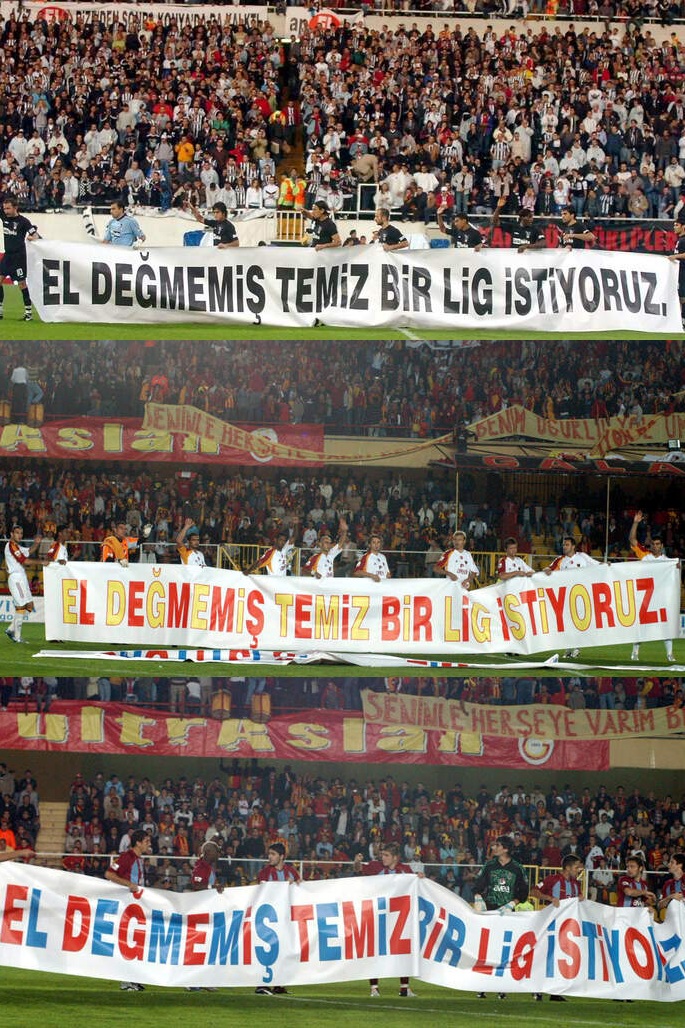 AnilarFB's tweet photo. Beşiktaş, Galatasaray ve Trabzonspor, şampiyonluğumuzun çalındığı 2005-06 sezonunda "El Değmemiş Temiz Bir Lig İstiyoruz" yazılı pankartlarla sahaya çıkmıştı. #Fenerbahçe https://t.co/Q4KooPQFCV