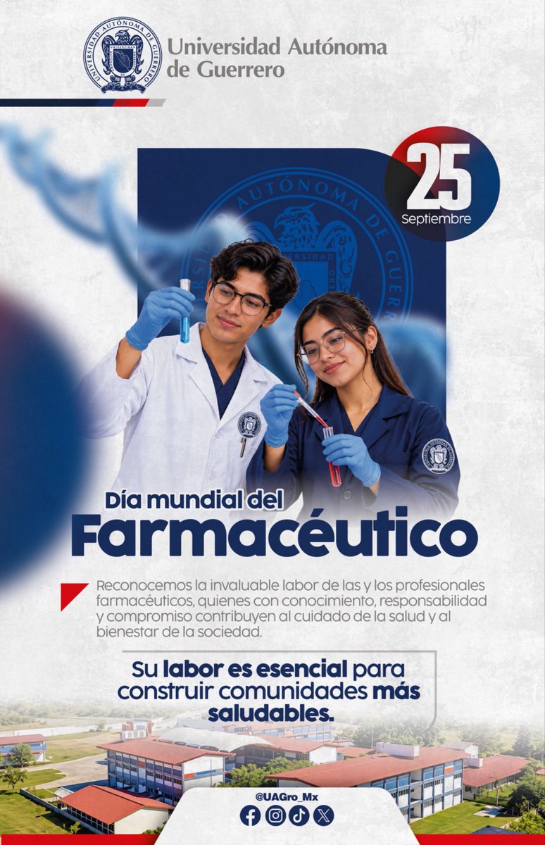 UAGro_MX's tweet photo. Felicitamos a nuestras y nuestros estudiantes y egresados de Farmacia, quienes se forman en la UAGro con conocimiento, compromiso y vocación para contribuir al cuidado de la salud. 🦅

¡Enhorabuena por elegir una profesión que sirve a nuestra sociedad! https://t.co/zHz1YknVLs