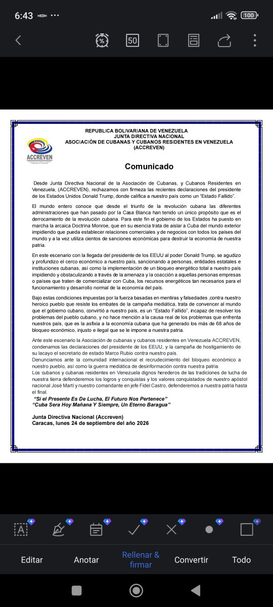 embacubaven's tweet photo. 📝 Comunicado de la Junta Directiva de la Accreven en rechazo a las nuevas declaraciones del gobierno de Estados Unidos 

#CubaNoEsUnaAmenaza, el bloqueo sí https://t.co/C4lYcVX5iX