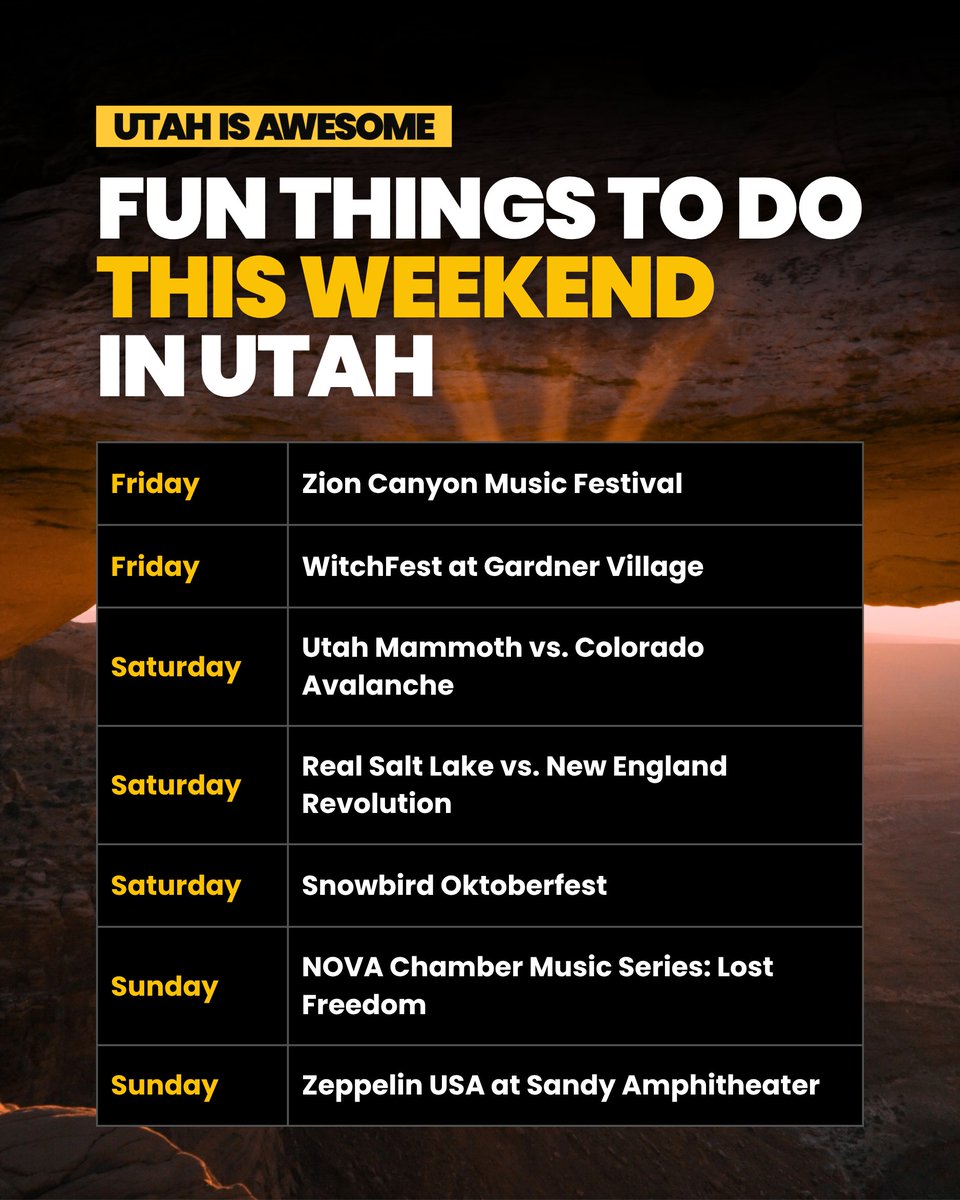 UtahIsAwesome's tweet photo. Lots happening in Utah this weekend

https://t.co/vD3SFV6hII #utah https://t.co/FyHvB3LOOH