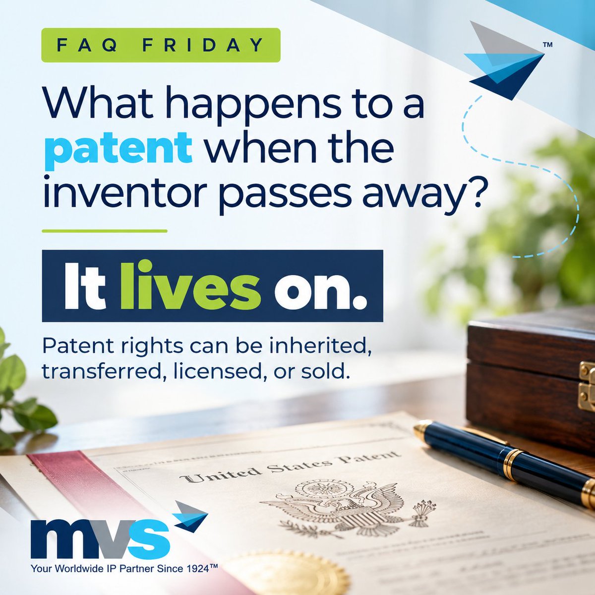 ipmvs's tweet photo. FAQ FRIDAY: What happens to a patent when the inventor passes away?

Not to worry - the patent doesn’t die with them! If the inventor owns it, it can become part of their estate and pass to heirs. If it was assigned to a company or other party, ownership generally stays there. https://t.co/WkxxANur1T