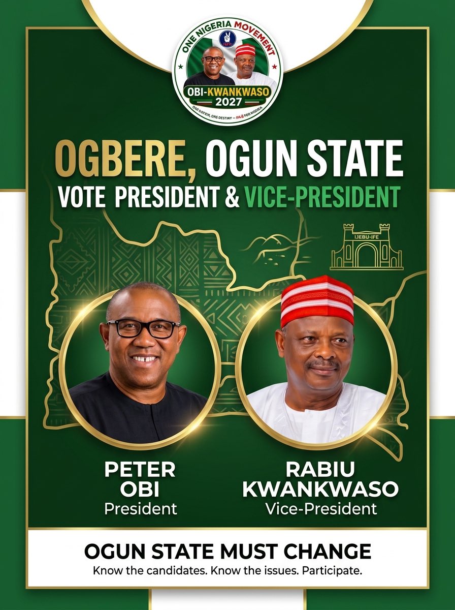 onenigeriaogun's tweet photo. OGUN STATE, THE CONVERSATION IS HERE. 🇳🇬

OGBERE, OGUN STATE 

Know the candidates. Know the issues. Ask questions. Participate. Make your voice count.

VOTE PETER OBI &amp; RABIU KWANKWASO 2027

#NDC #NigeriaDemocraticCongress #OneNigeriaMovement #OgunState #Ogun #OgunStatePolitics https://t.co/qbLLpJKw2N