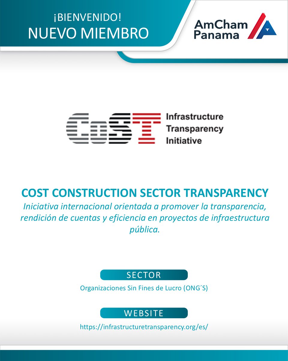 panamcham's tweet photo. ¡𝐍𝐔𝐄𝐕𝐀 𝐄𝐌𝐏𝐑𝐄𝐒𝐀 𝐌𝐈𝐄𝐌𝐁𝐑𝐎!
Nos complace anunciar la incorporación de @CoSTransparency a la membresía de AmCham Panamá, como parte del sector de Organizaciones sin fines de lucro (ONG).

Conozca nuestro directorio de empresas  https://t.co/4dQHh2CXol https://t.co/QhGvTlmXmg