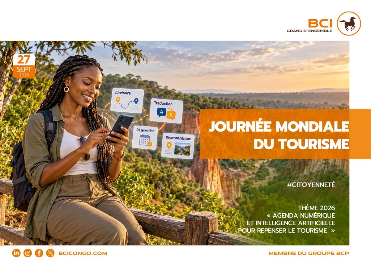 BciCongo's tweet photo. 🌍✈️ Journée mondiale du tourisme – 27 septembre 2026

Et si la technologie nous permettait de voyager autrement ? 🤖✨

Cette année, la Journée mondiale du tourisme nous invite à réfléchir à l’avenir du secteur avec le thème : « Agenda numérique et intelligence artificielle pour repenser le tourisme

De la préparation du voyage à la découverte d’une destination, le numérique et l’IA ouvrent de nouvelles possibilités pour rendre les expériences touristiques **plus innovantes, accessibles et personnalisées. 🌐

Mais derrière chaque technologie, il y a une chose qui ne change pas : le plaisir de découvrir, de rencontrer et de partager. ❤️

🌍 Voyager, c’est découvrir le monde. Innover, c’est préparer celui de demain.

#JournéeMondialeDuTourisme#Tourisme2026 #Innovation #IntelligenceArtificielle#TransformationNumérique#Tourisme