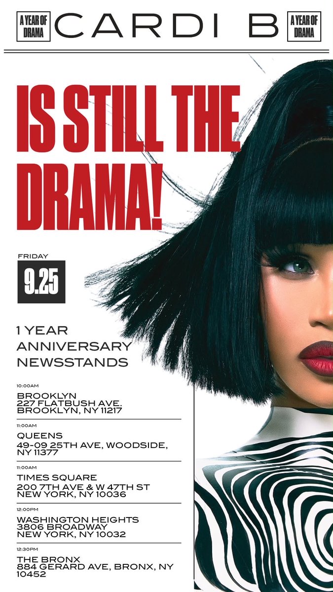 iamcoryb's tweet photo. Cardi via BG secret Society : 

1 year later and we still OUTSIDE🗞️❤️

IF you’re in NYC pull up to one of our custom newspaper boxes and get these limited edition anniversary newspapers at 5 locations across the city today. Grab em before they run out! https://t.co/5Re06raPxp