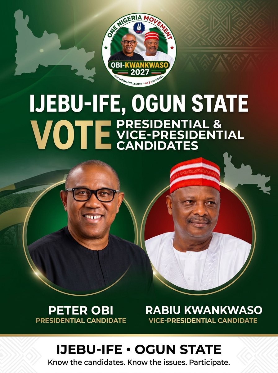 onenigeriaogun's tweet photo. OGUN STATE, THE CONVERSATION IS HERE. 🇳🇬

IJEBU-IFE, OGUN STATE 

Know the candidates. Know the issues. Ask questions. Participate. Make your voice count.

VOTE PETER OBI &amp; RABIU KWANKWASO 2027

#NDC #NigeriaDemocraticCongress #OneNigeriaMovement #OgunState #Ogun #OgunState https://t.co/HrOO2gbmnR