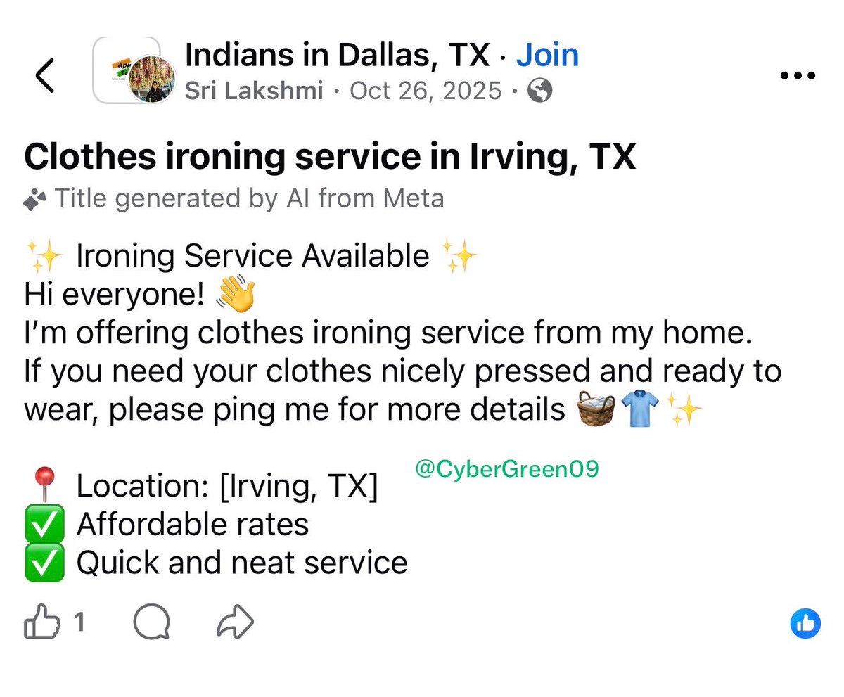CyberGreen09's tweet photo. Sri Lakshmi runs a clothes ironing business from MacArthur Park Apartments complex in Irving, Texas. Cash only rates. Running an unauthorized business out of an apartment while evading taxes is a severe visa violation. Reported to @StateDept in 2025. Zero action taken. @USLaborIG https://t.co/beSX8b2AKi