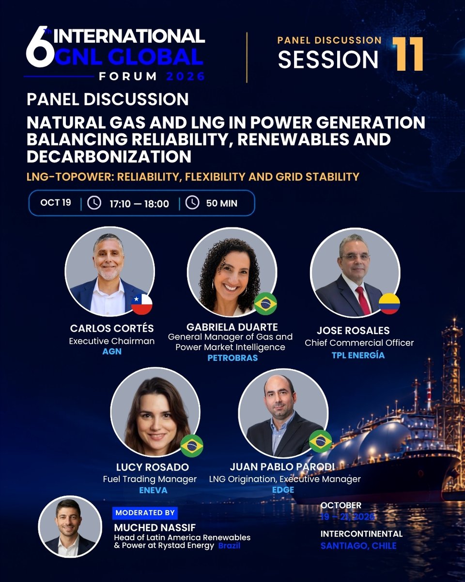gnlglobal's tweet photo. ⚡🌱 SESSION 11 | NATURAL GAS &amp; LNG IN POWER GENERATION

Industry leaders discuss LNG-to-power, flexibility and grid stability.

🎙️ Cortés | Duarte | Rosales | Rosado | Parodi

Moderator: Muched Nassif
📅 Oct. 19 | 5:10 PM
📍 Santiago, Chile

#GNLGlobal #LNG https://t.co/pcncG5T5zz