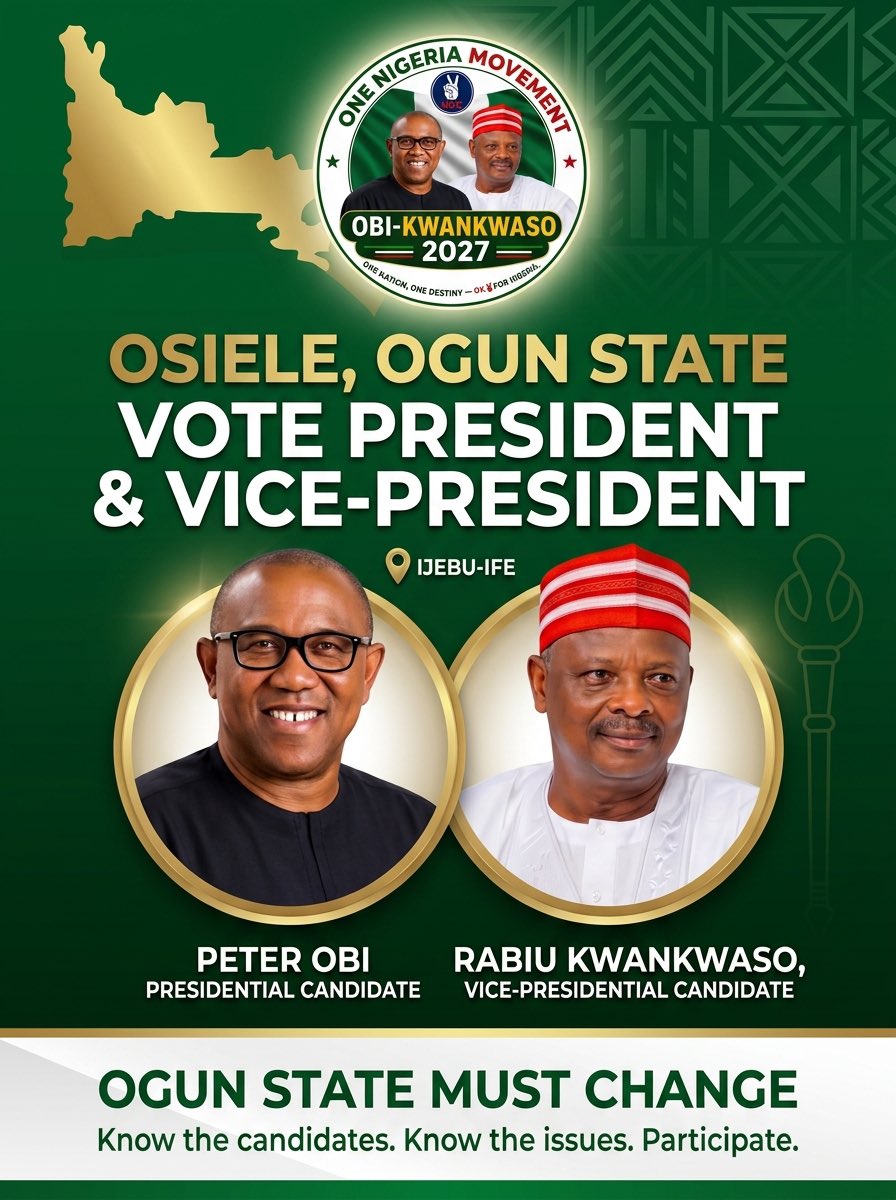 onenigeriaogun's tweet photo. OGUN STATE, THE CONVERSATION IS HERE. 🇳🇬

OSIELE, OGUN STATE 

Know the candidates. Know the issues. Ask questions. Participate. Make your voice count.

VOTE PETER OBI &amp; RABIU KWANKWASO 2027

#NDC #NigeriaDemocraticCongress #OneNigeriaMovement #OgunState #Ogun #OgunStatePolitics https://t.co/pciEDSN62e