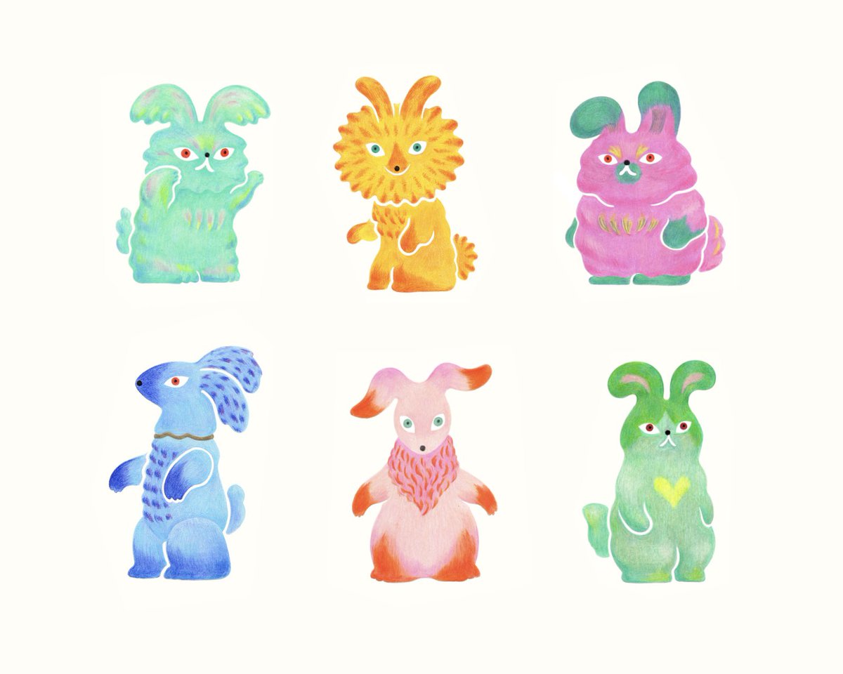 kumesatoe's tweet photo. 怪獣ソフビなうさぎ。
個展「BUNNY !」は9/26(土)-30(水)の残り5日。原画は全て色鉛筆で描いています。直接ご覧いただけると嬉しいです！ https://t.co/TOPwJleyZR