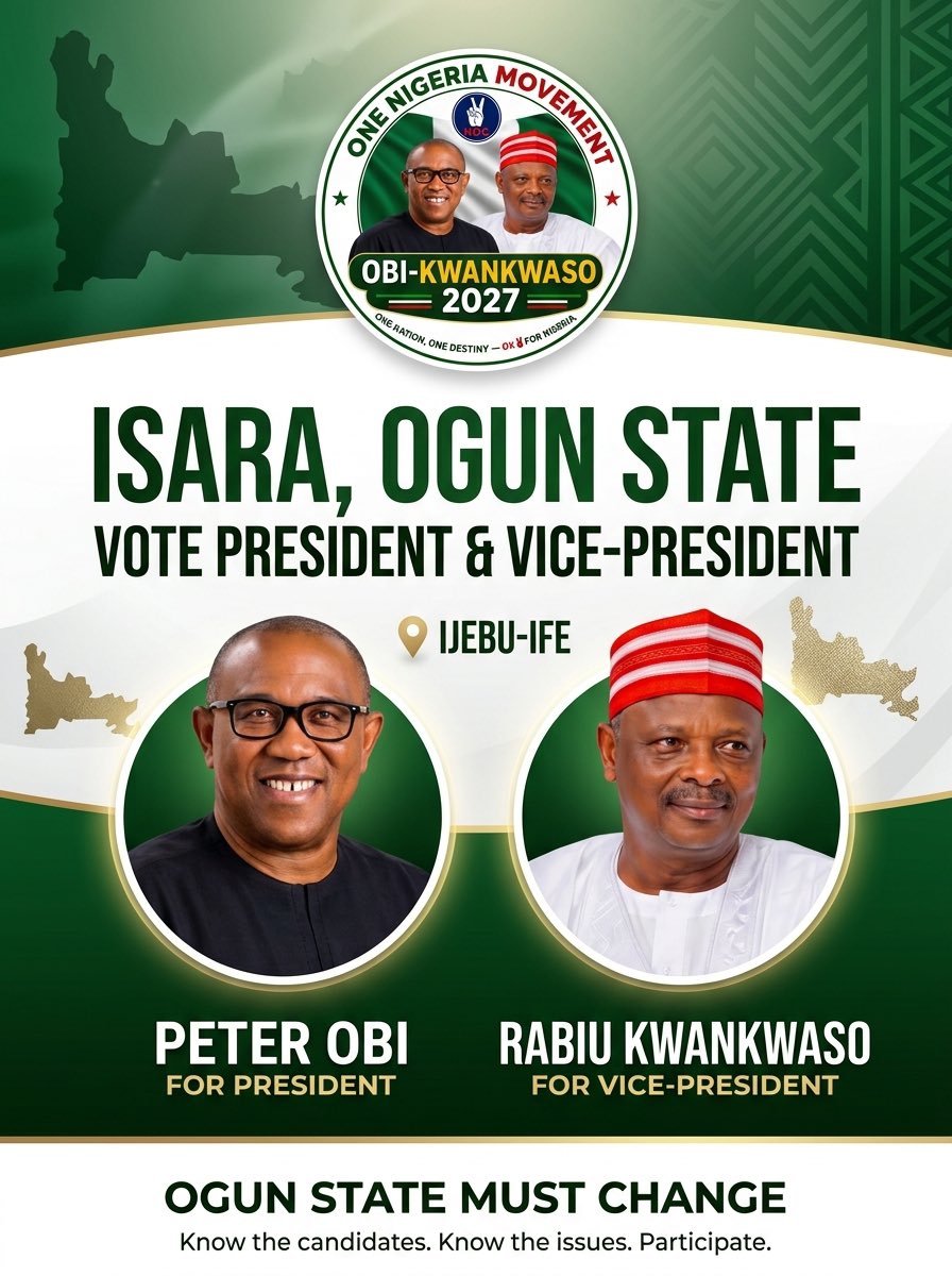 onenigeriaogun's tweet photo. OGUN STATE, THE CONVERSATION IS HERE. 🇳🇬

ISARA, OGUN STATE 

Know the candidates. Know the issues. Ask questions. Participate. Make your voice count.

VOTE PETER OBI &amp; RABIU KWANKWASO 2027

#NDC #NigeriaDemocraticCongress #OneNigeriaMovement #OgunState #Ogun #OgunStatePolitics https://t.co/JagZDbFnQ0