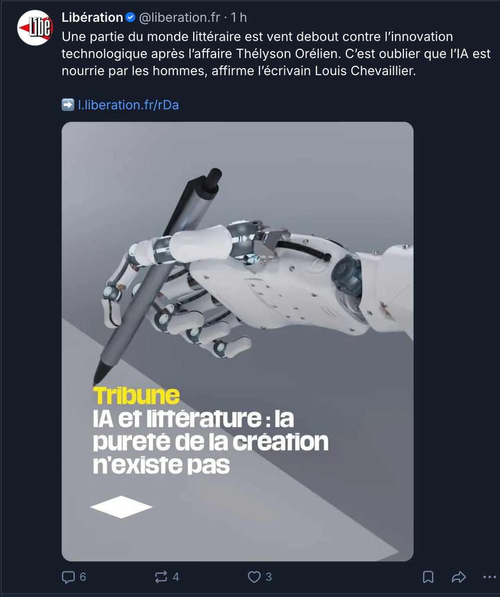 bouliboulibouli's tweet photo. 1. Il n'a pas utilisé l'IA
2. Impossible de prouver qu'il a utilisé l'IA 
3. Dire qu'il a utilisé l'IA est raciste
4. Il a utilisé l'IA et c'est très bien
5. On a toujours utilisé l'IA
6. Ce n'est pas de l'IA, c'est nourri par les hommes. https://t.co/3VR4o4x070