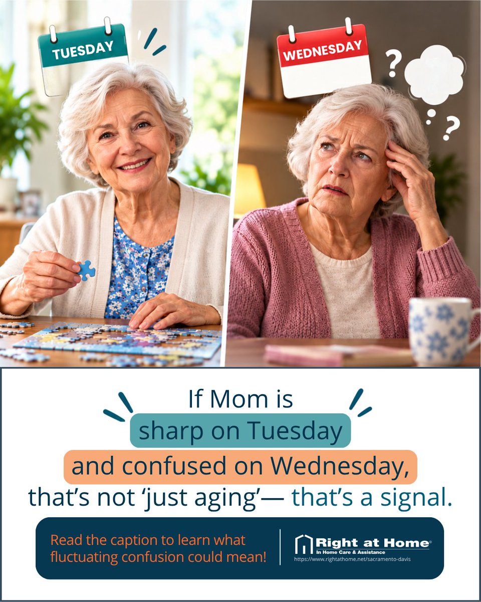 RahSacramentoca's tweet photo. Fluctuating confusion (on-and-off within hours/days) often signals a reversible cause — UTI, medication, #dehydration. Constant confusion is more often chronic. As a family, you should flag the pattern, not just the symptoms. This can help get the right care for your loved one. https://t.co/JUatGXHjhE