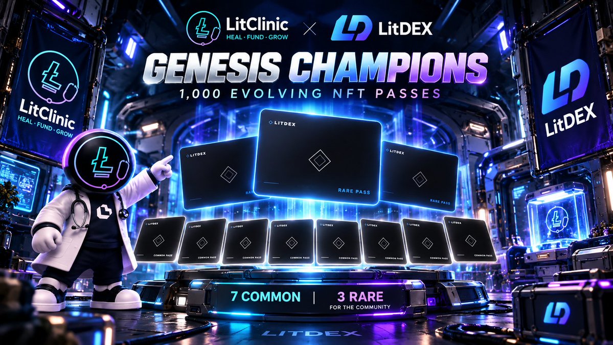 litclinicxyz's tweet photo. LitClinic × @LitDEXApp 

We’re teaming up with @LitDEXApp for the launch of 
Genesis Champions on Base Mainnet. 

1,000 evolving NFT passes.
7 Common. 3 Rare reserved for our community. 

How to enter: 
→ Follow @LitDEXApp 
→ Swap on LitDEX  https://t.co/WVomg78vyx
→ Check your whitelist / mint public
→ RT + tag 2 friends
 → Drop your wallet below

Winners will be selected after the public mint. 

Built by the community. 
Built on @LitecoinVM. 🫶