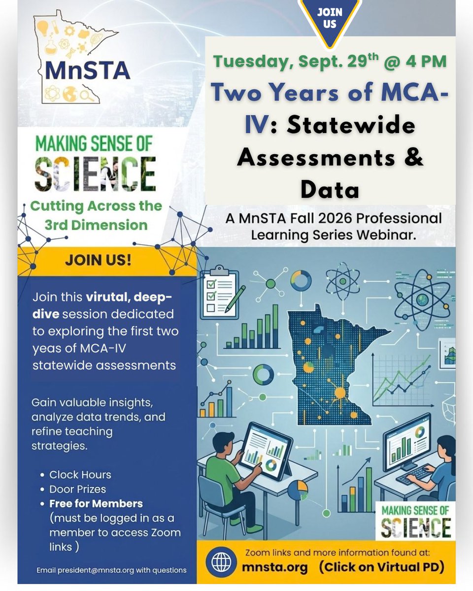 MnSTA1's tweet photo. Join MnSTA's virtual webinar on Sept 29th @ 4:00 PM. Get deep-dive insights into statewide science assessments &amp; refine your teaching strategies.
Clock hours + Door prizes! Free for Members.
Register: https://t.co/4Rq8gV3Qd7 (click Virtual PD)
#MnSTA #ScienceEd #MNScienceTeachers https://t.co/d68FaUfVNg