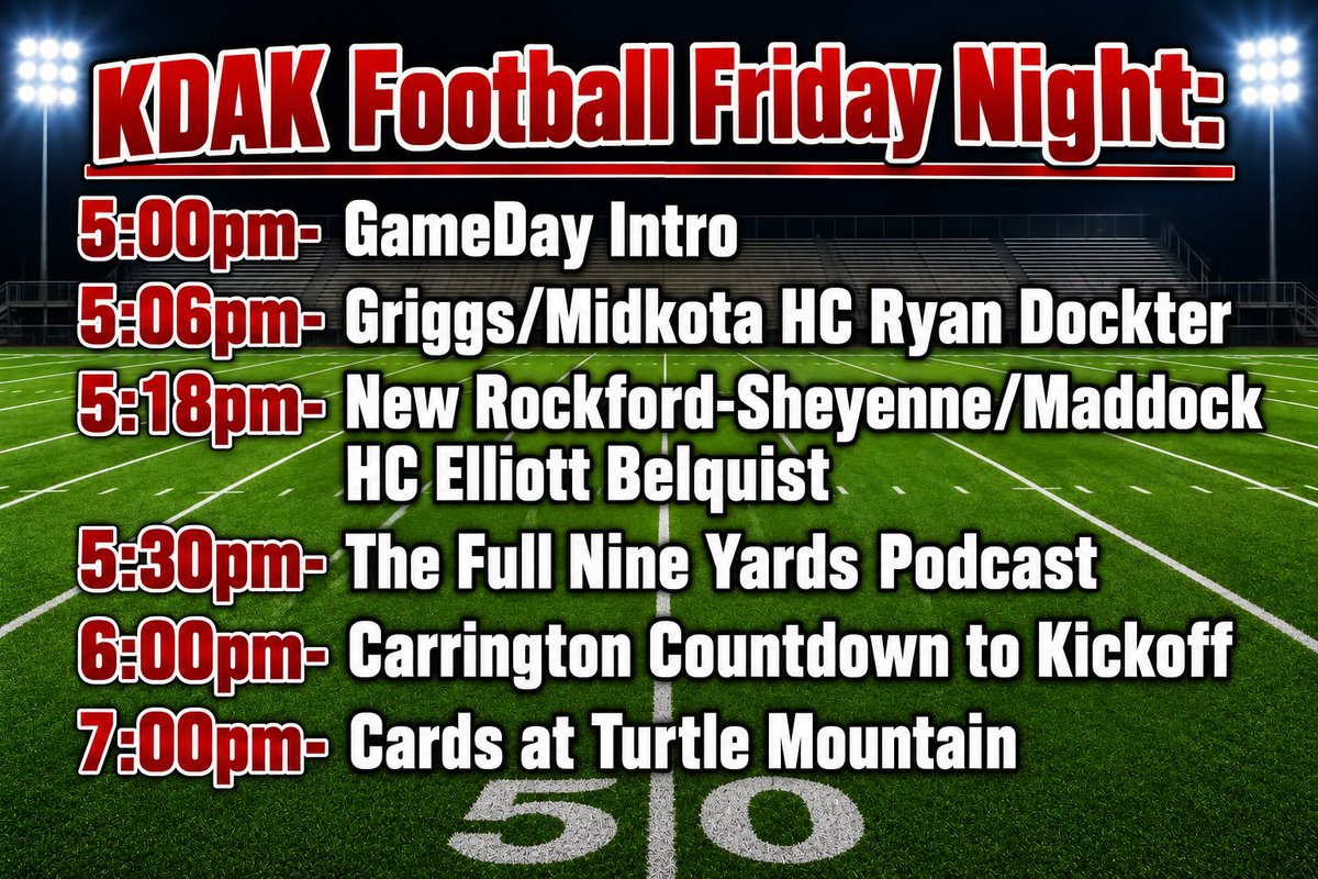 kdakthecardinal's tweet photo. Tonight's football coverage on KDAK The Cardinal

@NDScores @BLASTTOTHEPAST8 #NDPreps https://t.co/uynxj5g3xG