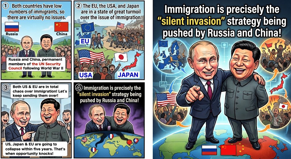LeaMicheal's tweet photo. @EricLDaugh Russia&amp;China-both UN Security Council permanent members-there are virtually no immigrants,&amp;no related problems arise
Meanwhile,Europe,US,Japan are in total chaos over immigration issues
In short, immigration is"Silent Invasion" strategy employed by🇨🇳&amp;🇷🇺😠  @realDonaldTrump https://t.co/vyK8QeV5mL
