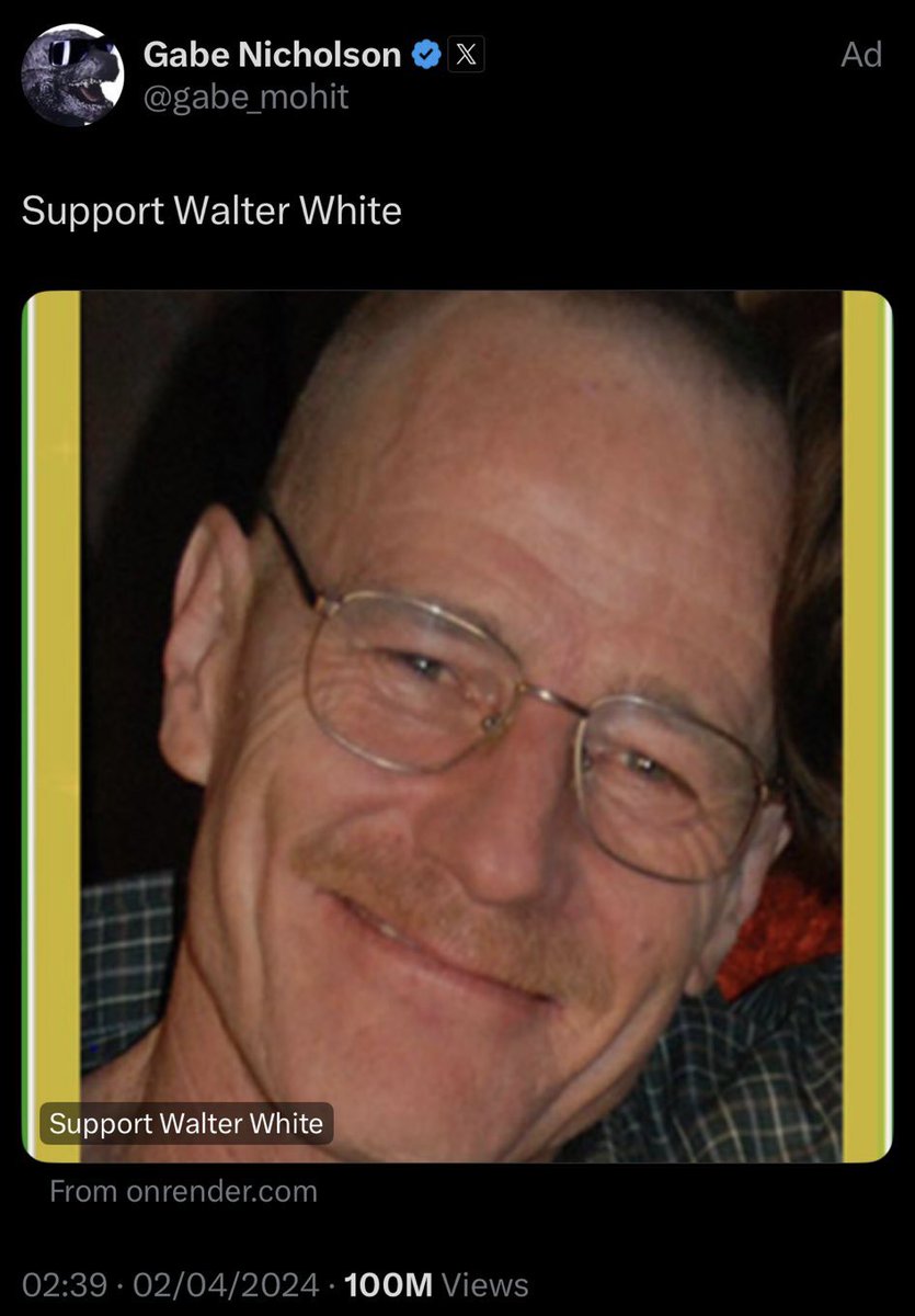 uphiago's tweet photo. O twitter tem uns ads muito curiosos, esse do walterwhite vejo todos os dias há anos e o desgraçado continua pagando pra aparecer https://t.co/Wo3Q7FKuIa