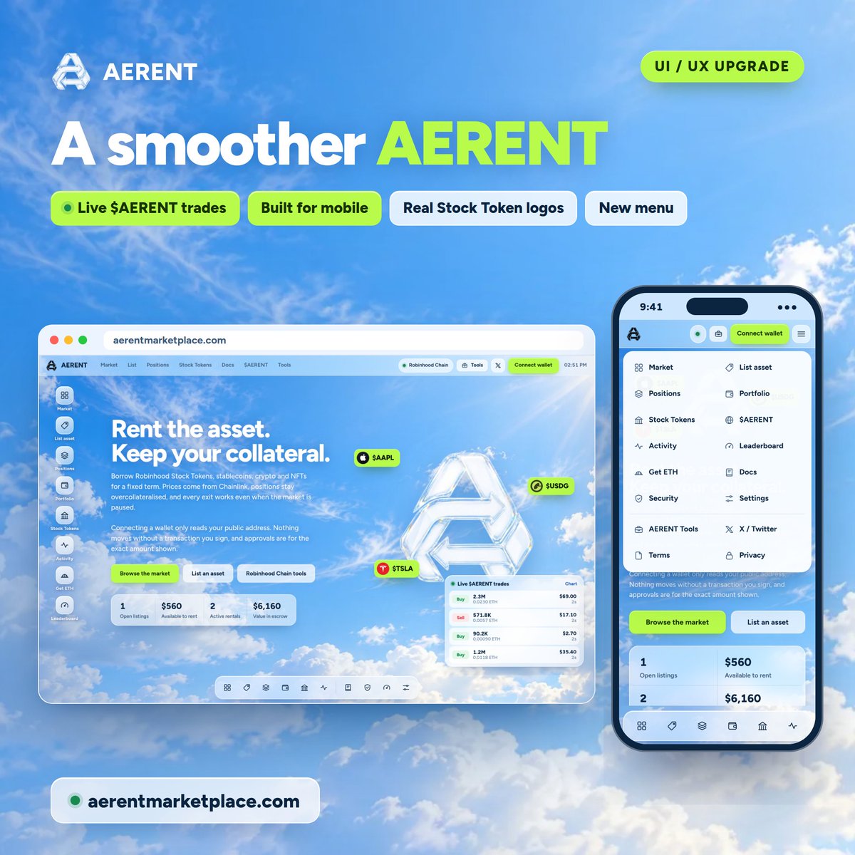 AerentMarket's tweet photo. Another upgrade is live on $AERENT: we've given the website a UI/UX refresh.

You can now watch $AERENT buys and sells as they happen, right on the homepage. The whole site has been rebuilt for mobile, including the $AERENT page, and a new menu keeps everything one tap away on your phone.

Same AERENT, just smoother. Check it out at https://t.co/M1oxOWnqXf