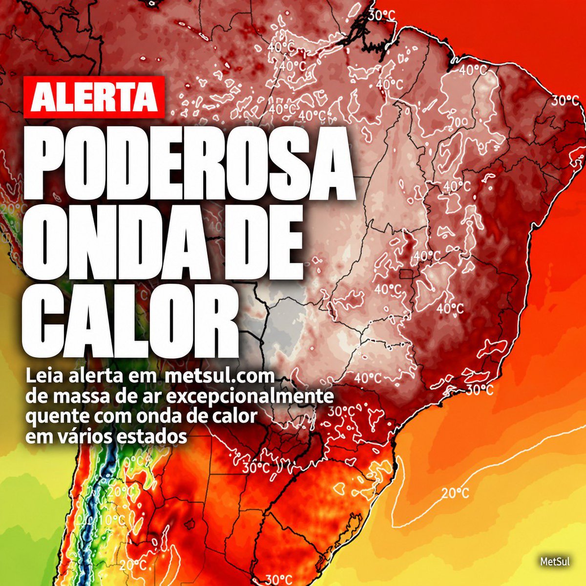 metsul's tweet photo. 🔴 ATENÇÃO - ALERTA | Primeira e poderosa onda de calor do El Niño no Brasil pode ter até 43°C a 45°C. Vários estados terão marcas acima de 40°C. Calor excessivo oferece risco à saúde e à vida nos níveis previstos.

‼️ Leia o alerta: ▶️ https://t.co/UOJyq23qXQ https://t.co/SKV3bfGl9J