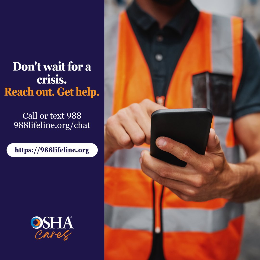 OSHA_DOL's tweet photo. Your mental health matters. If you are struggling at work or need help, reach out to the 988 Lifeline via call, text, or chat. Free, confidential support is available. 

More: https://t.co/fL0o5q7Tg0 https://t.co/0XOGSUX2U3