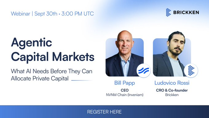 InveniamIO's tweet photo. In 5 days Bill Papp, CEO of @NVNM_Chain, joins @Brickken to break down the data layer agentic capital markets need. https://t.co/2KTRj4Vipw