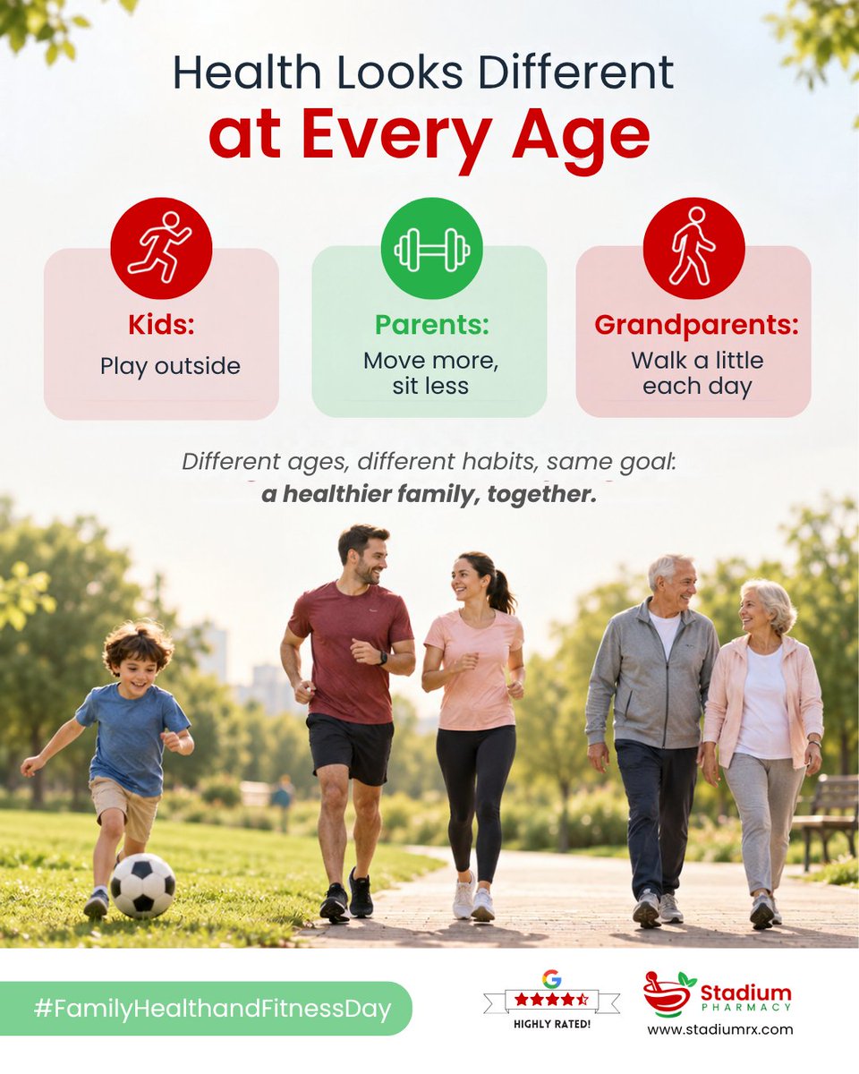 Stadiumrx's tweet photo. Health looks different at every age. Kids: play outside. Parents: move more, sit less. Grandparents: walk a little each day.
Different habits, same goal: a healthier family, together. #FamilyHealthandFitnessDay #FamilyFitness #HealthyFamilyHabits #MoveTogether #FamilyWellness https://t.co/4sJ7lkKJHl