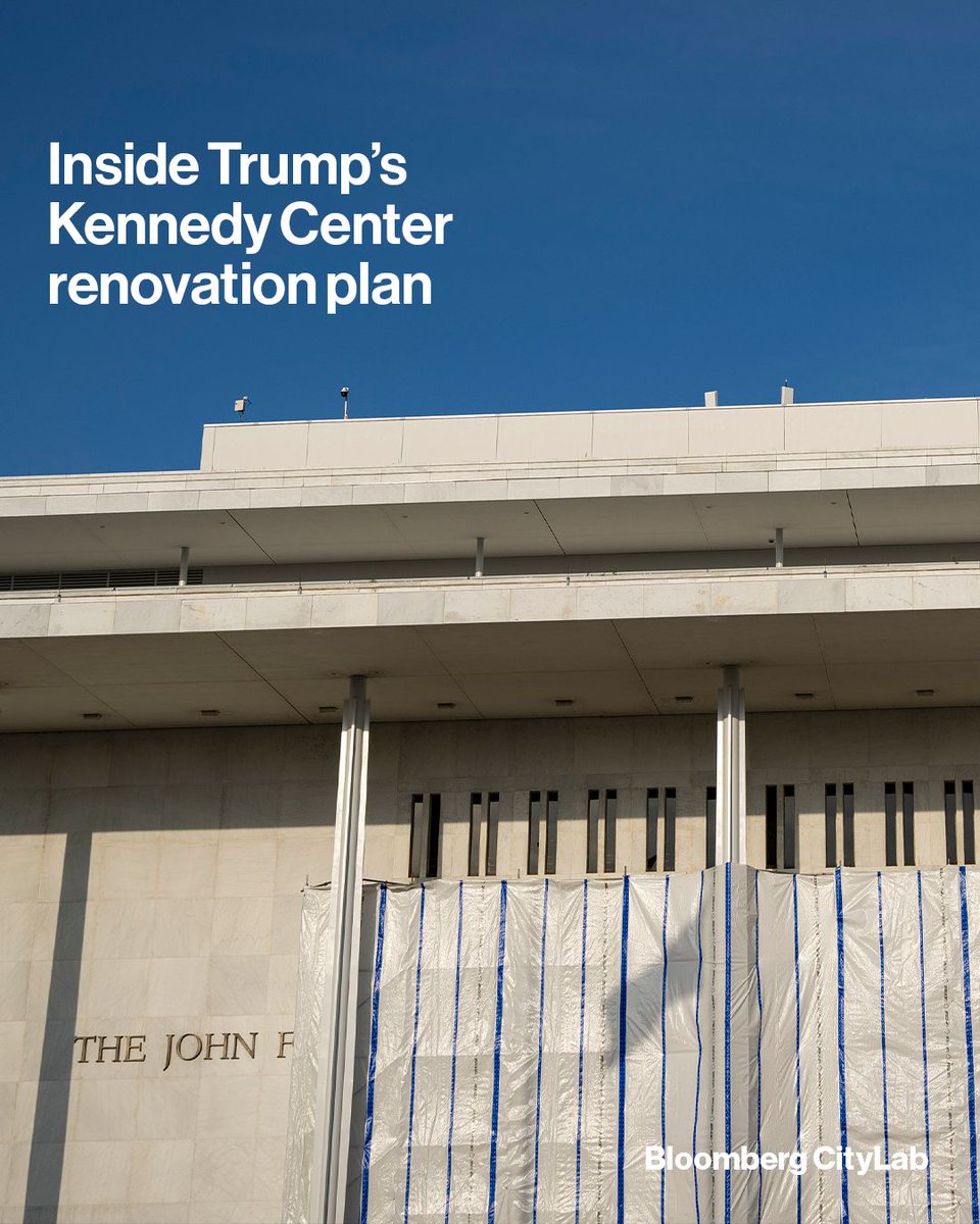 CityLab's tweet photo. Plans approved by the Kennedy Center Board include hiring an architecture firm that designs K-12 schools in Minneapolis, according to documents outlining the $250 million project. However, Donald Trump's renovation plans for the building are lacking key details, design experts say. Read more: https://t.co/33MsedupCb

📷: Graeme Sloan/Getty Images