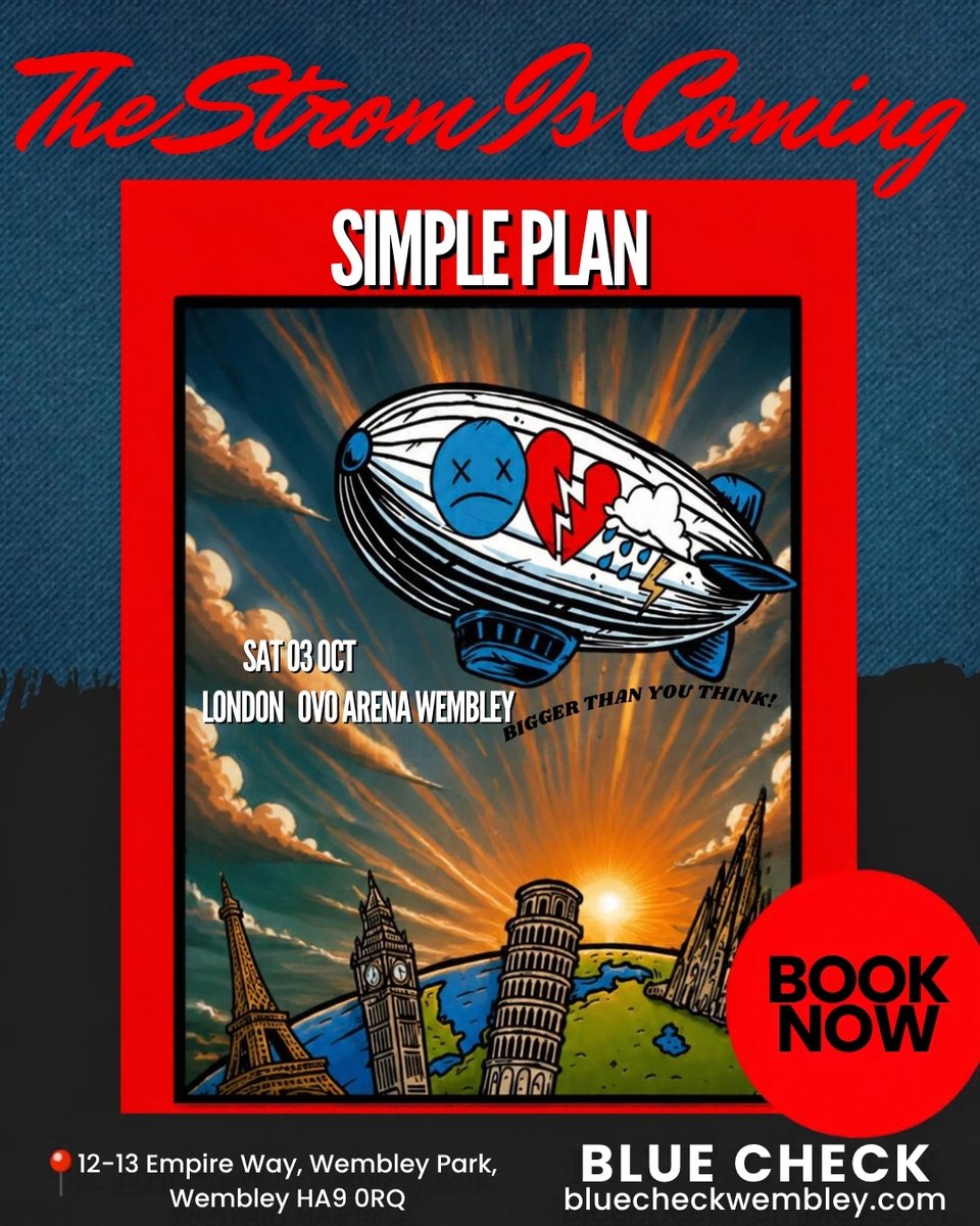 BlueCheckBar's tweet photo. 🎸 Simple Plan live at OVO Arena Wembley Sat 03 Oct! Blue Check is 2 mins away- the perfect stop for food &amp; drinks before the doors open 🍽️
Tag who you're going with 👇
#OVOArenaWembley #WembleyPark #SimplePlan https://t.co/7G9E2LxS7t