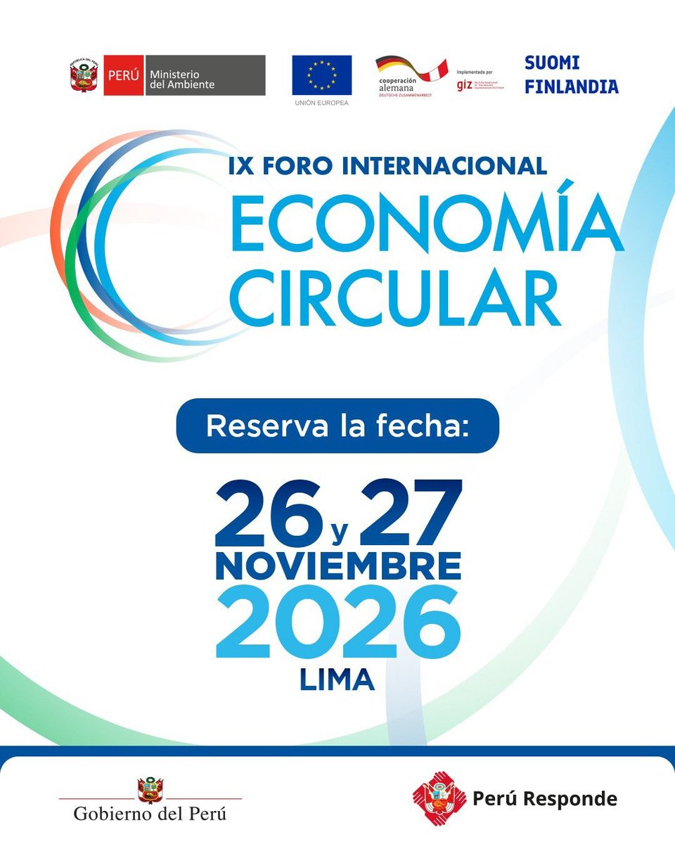 UEenPeru's tweet photo. #IXFIEC | ¡El evento más importante de #EconomíaCircular en el Perú ya tiene fecha!
🌎 📅 Este 26 y 27 de noviembre se realizará el IX Foro Internacional de Economía Circular. Inversiones sostenibles, innovación y financiamiento impulsarán modelos de negocio más competitivos. 🌱 https://t.co/e7oYikEejD