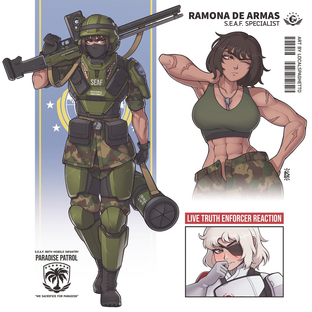 localspaghetto's tweet photo. SEAF Specialist Ramona de Armas 💪

The frontlines of the Second Galactic War have taught Specialist Ramona one thing:
Any problem that can't be solved with a gun, simply requires more gun.

#Helldivers #Helldivers2 #Helldivers2Art https://t.co/Lx3vTUSt3c