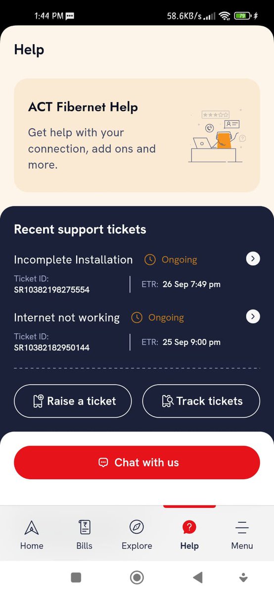 AVKVimal's tweet photo. ACT Fibernet achha network hai... par internet chalta nahi! Ticket number vahi same hai, par resolution ka time bina internet ke bhi hamesha update hota rehta hai. Hats off to team @ACTFibernet for the greatest service! 👏🙄 https://t.co/3ga12bbDd6