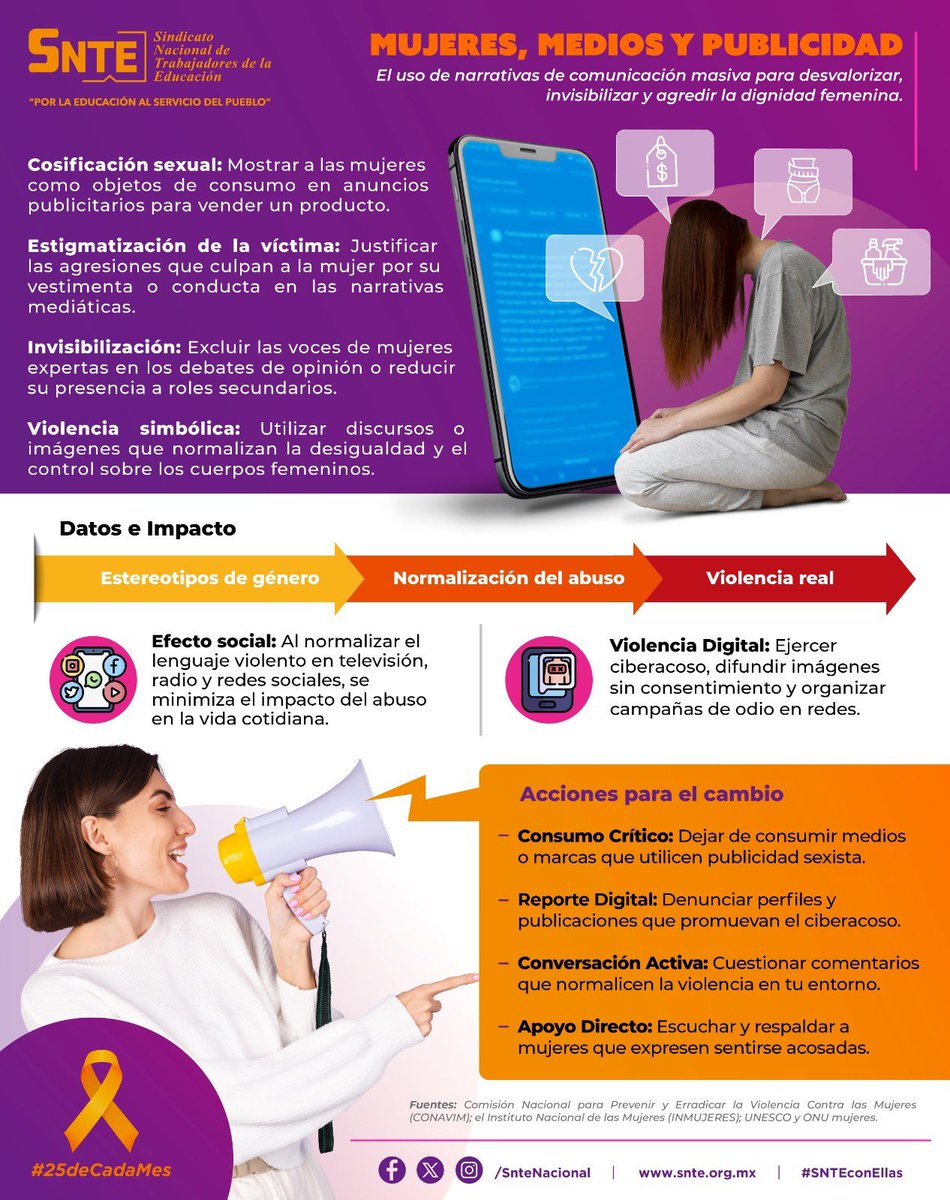 SnteNacional's tweet photo. #DíaNaranja 🧡

🚫 Los medios y la publicidad pueden reforzar estereotipos, invisibilizar voces y normalizar la violencia contra las mujeres.👩🏾👩🏻
 📢 Cuestiona, denuncia y apoya. 

 #SNTEconEllas ✊🏼 https://t.co/8ZDRSmccOL