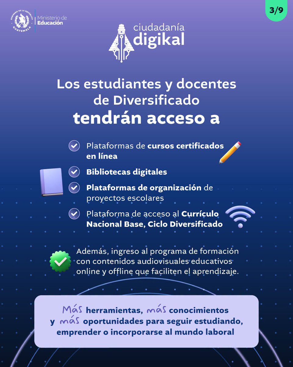DideduChiqui's tweet photo. 🛜 Ciudadanía Digikal ya está transformando las oportunidades de aprendizaje.
Llegará a 1,182 centros educativos de Diversificado y beneficiará a más de 62 mil personas (estudiantes y docentes) en todo el país.
#Mineduc
#MineducGt
#CiudadaníaDigikal https://t.co/Zf100tNQIu